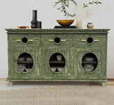 Corsica Ultra-Wide Crockery Unit Carved Solid Mango Wood Clear Glass Sideboard Storage Cabinet & Chest